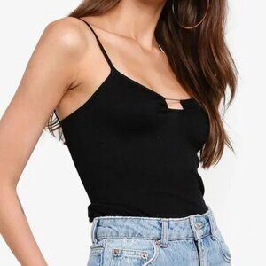 Free People Black Ribbed Cami Adjustable Straps Fitted Design